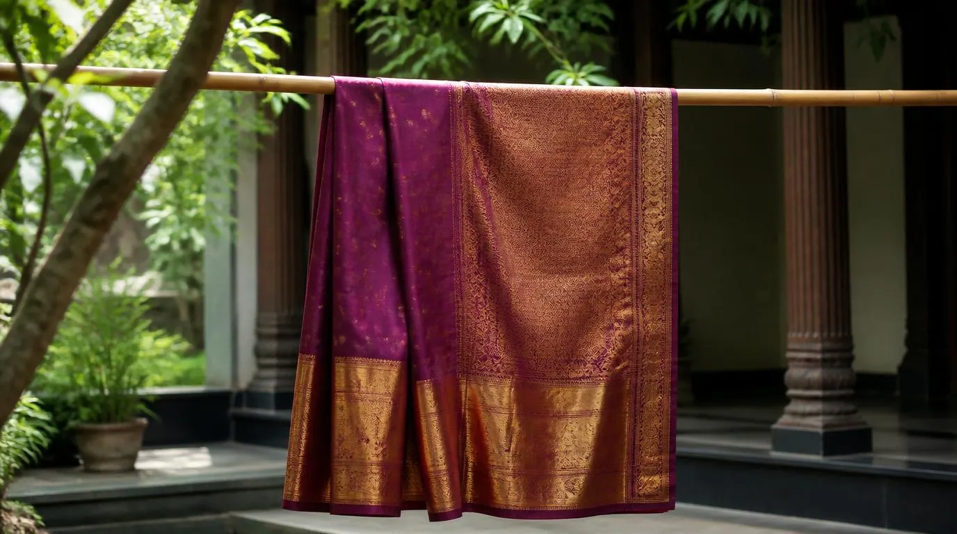 Silk saree drying in shade on a padded hanger