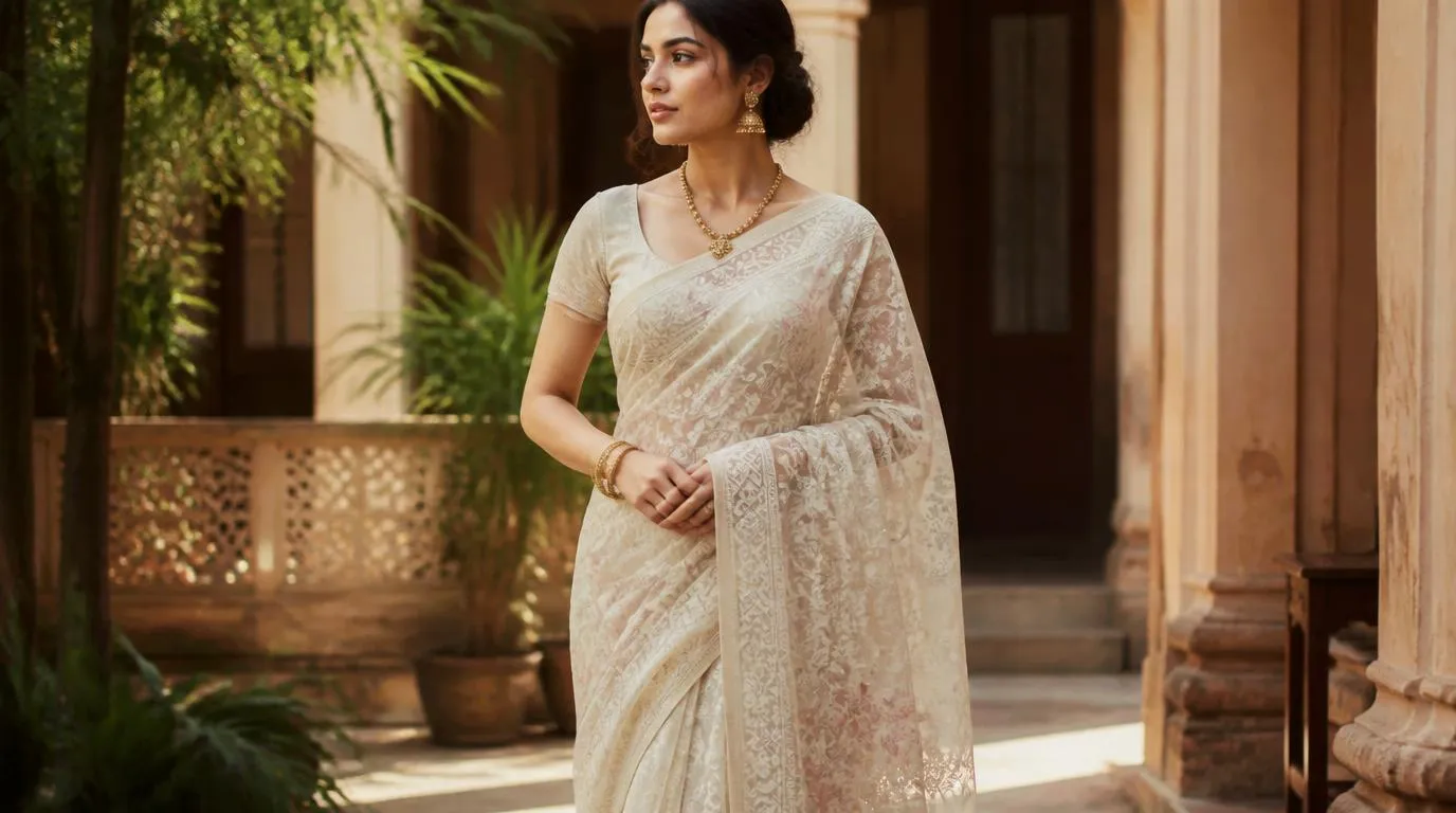 Traditional Muslin saree with fine translucent weave