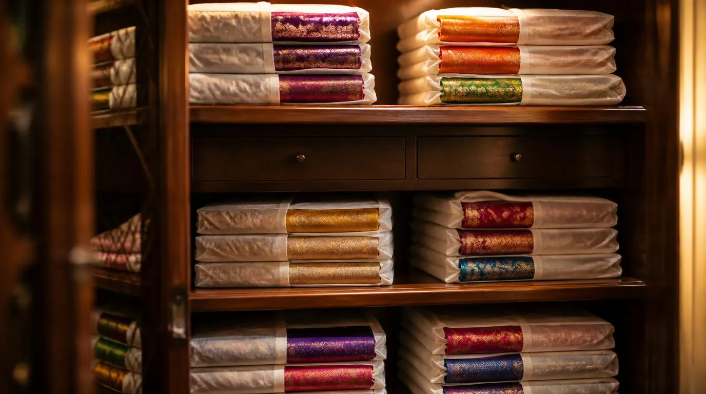Silk saree folded and wrapped in muslin cloth